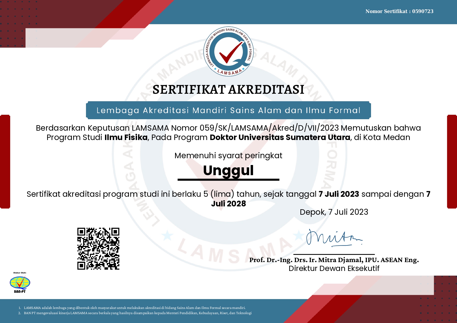 Accreditation Renewal Result: "Excellent" Rating for the Doctoral Program in Physics, Faculty of Mathematics and Natural Sciences, USU